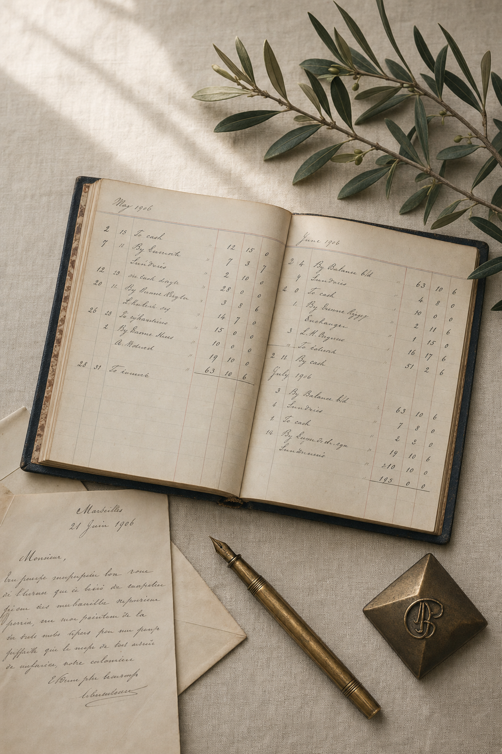 An open hand-written ledger with an heirloom fountain pen and a folded letter on cream linen