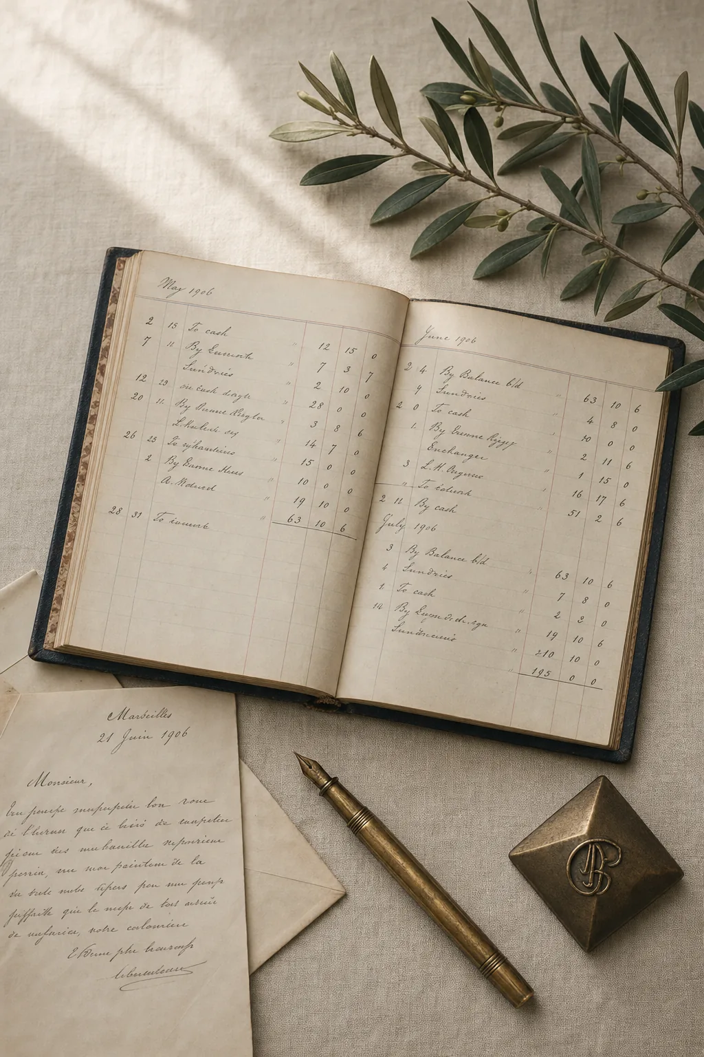 An open hand-written ledger with an heirloom fountain pen and a folded letter on cream linen
